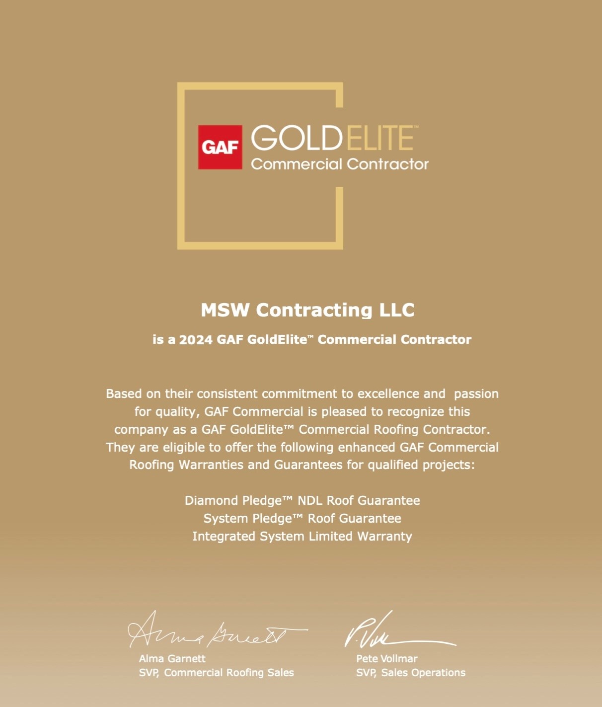 MSW is recognized as a GAF Commercial Gold Elite Contractor in Chandler, Arizona